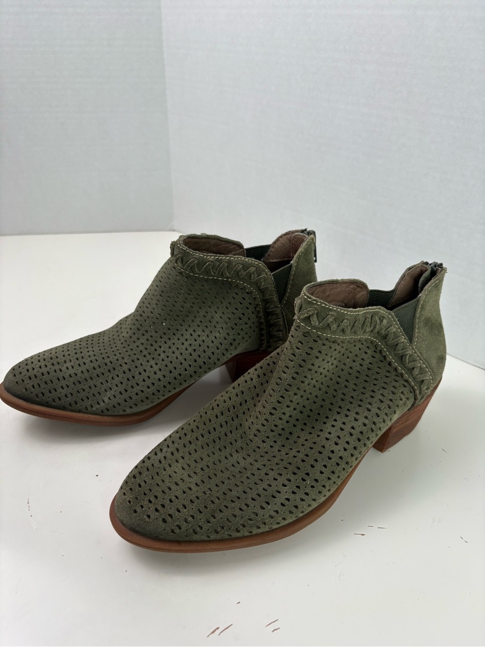 Earth Olive Green Perforated Suede Ankle Booties boho